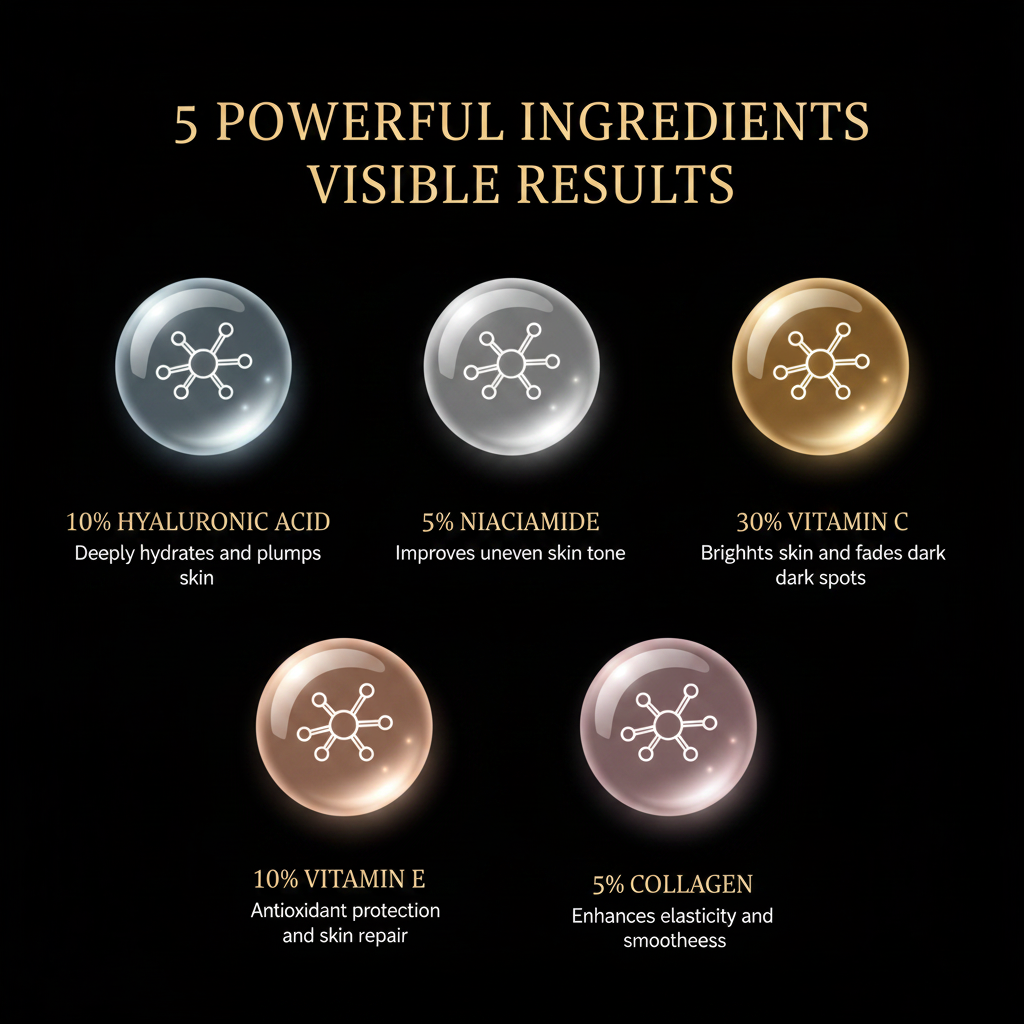 List of five powerful ingredients with their respective percentages and effects on skin.