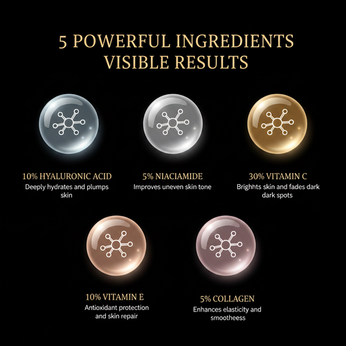 List of five powerful ingredients with their respective percentages and effects on skin.