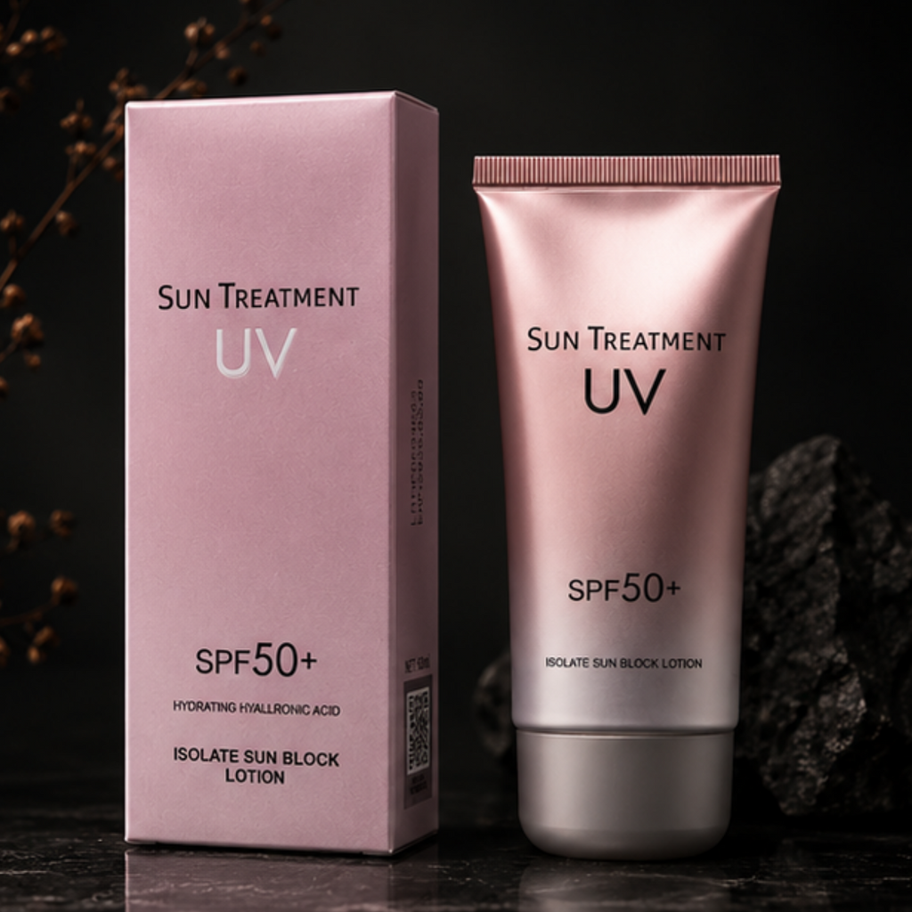 Sun treatment UV SPF50+ lotion and packaging on a dark background