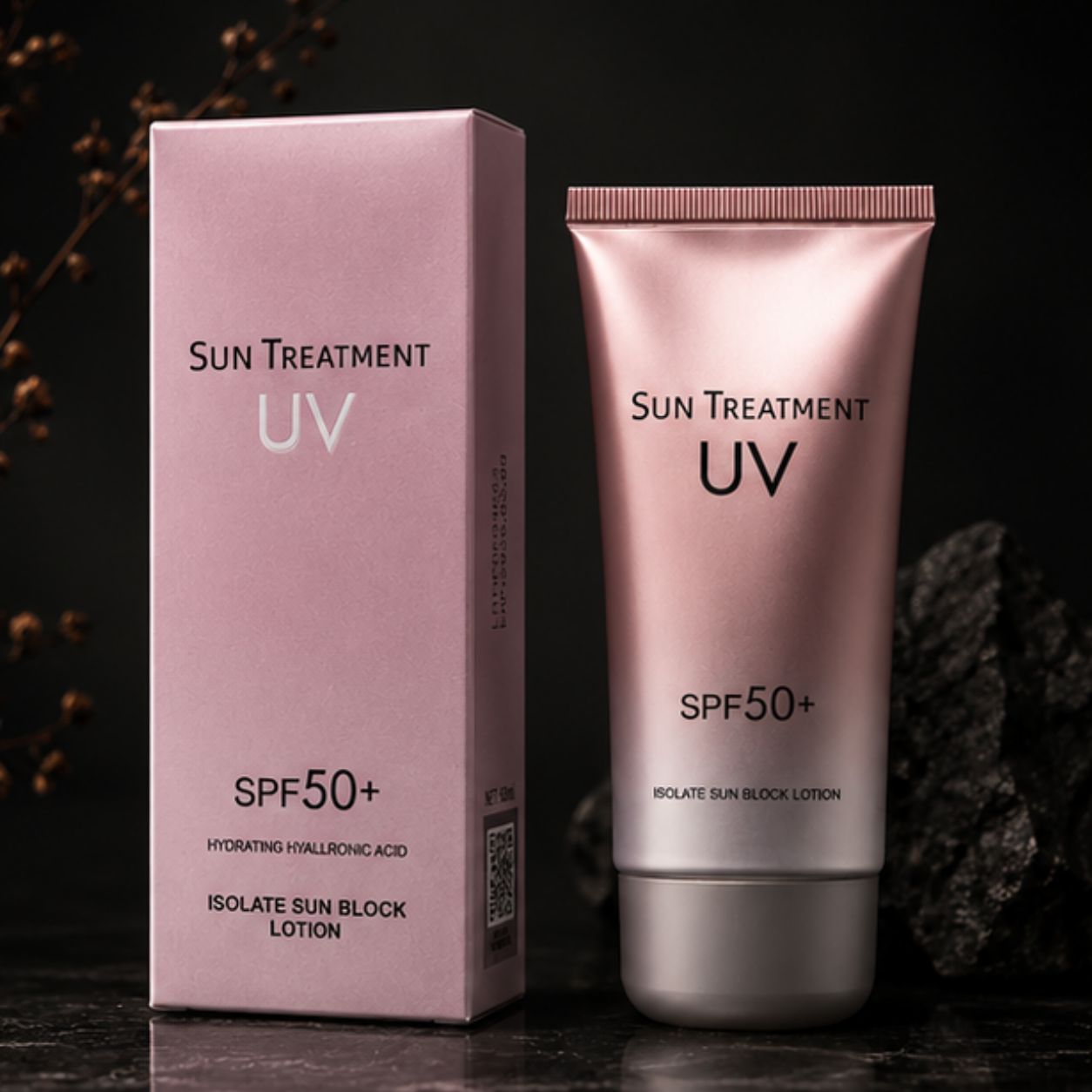 Sun treatment UV SPF50+ lotion and packaging on a dark background